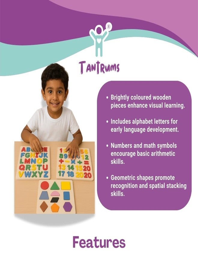 Tantrums Wooden Educational Puzzle Set for Kids (Set of 3) | Alphabet, Number & Shape Learning Boards | Montessori Preschool Toy for Early Learning, Colour Recognition & Hand-Eye Coordination - Image 5
